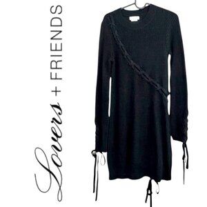 REVOLVE Lovers + Friends Black Sweater Dress Black Cotton Knit Lace Up Detail LS